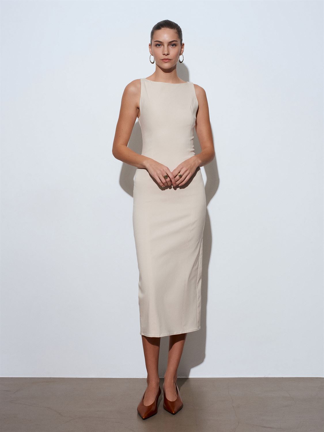 Extra Slim Fit Midi Elbise-Taş