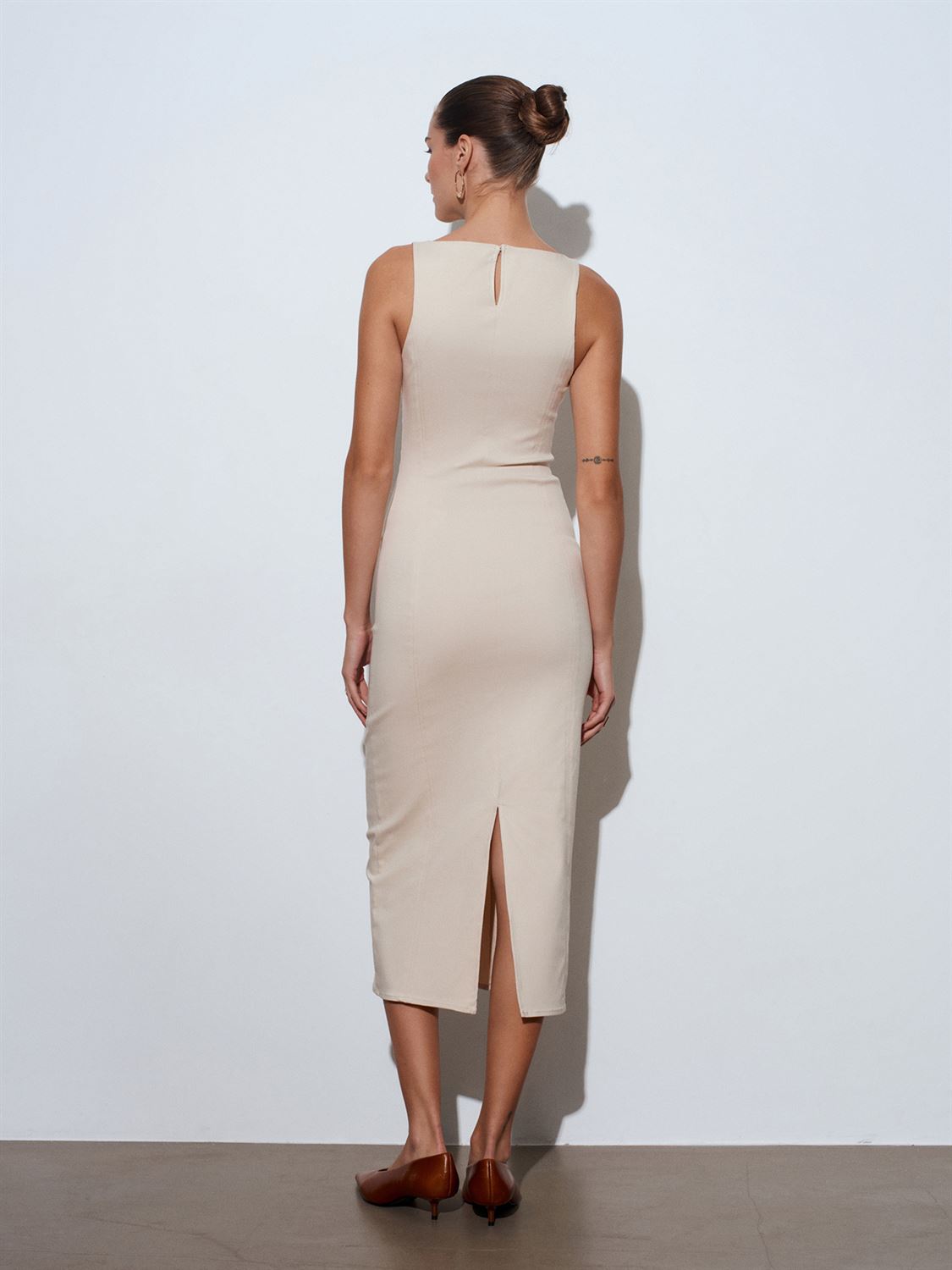 Extra Slim Fit Midi Elbise-Taş