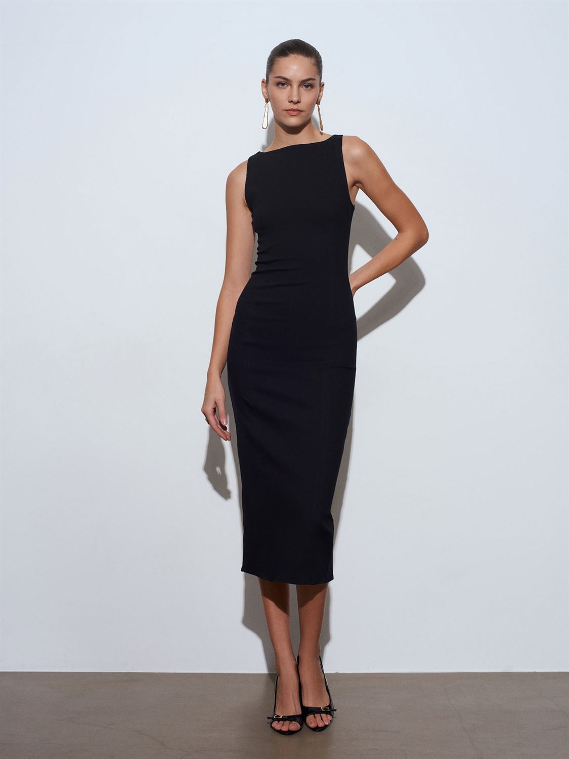 Extra Slim Fit Midi Elbise-Siyah