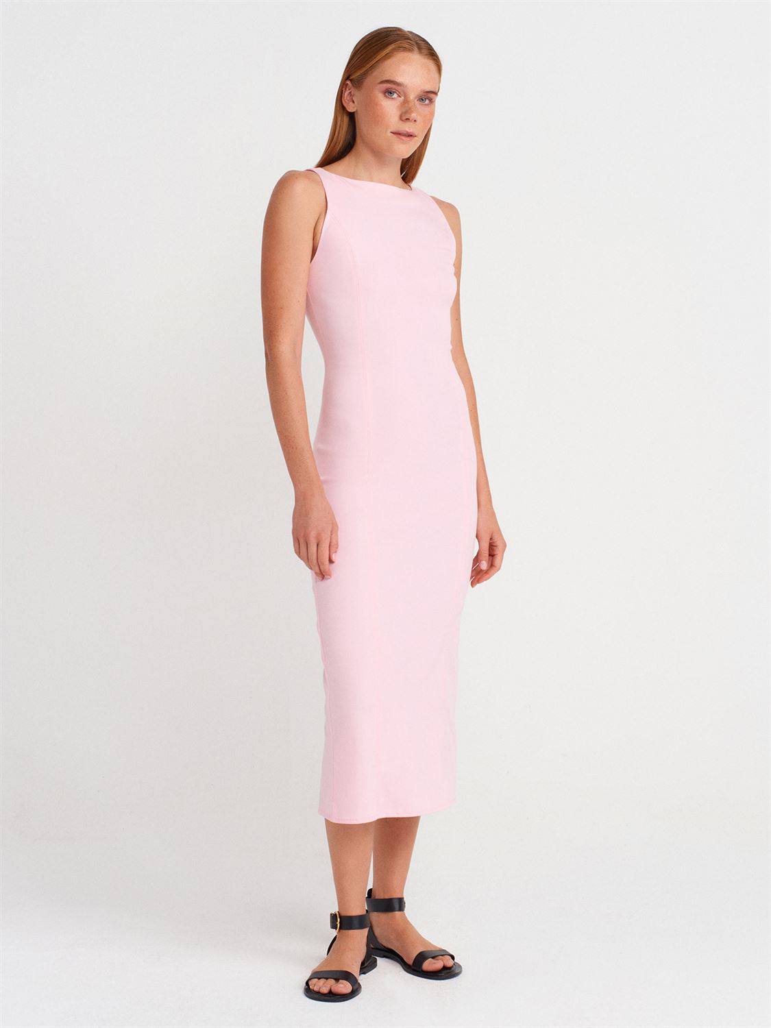 Extra Slim Fit Midi Elbise-Pembe