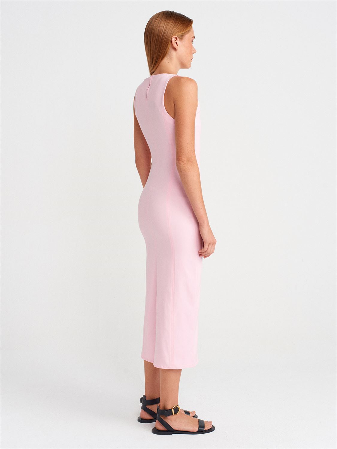 Extra Slim Fit Midi Elbise-Pembe