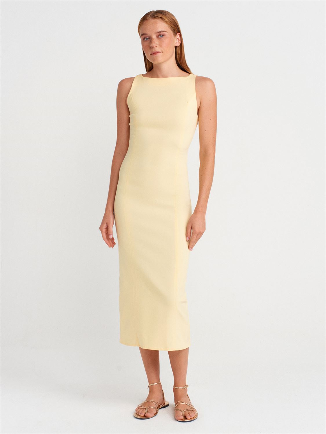 Extra Slim Fit Midi Elbise-Sarı