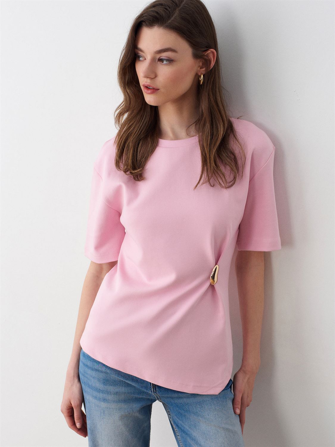 Aksesuar Detaylı Basic T-Shirt-Toz Pembe